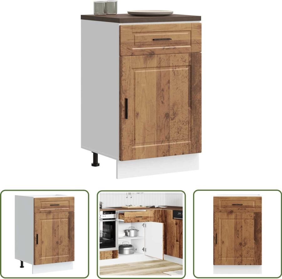 The Living Store Keuken onderkast Porto bewerkt hout oud houtkleurig Keukenonderkast Houten Keuken Opslagoplossing Keuken Keukenmeubel Vintage Keuken