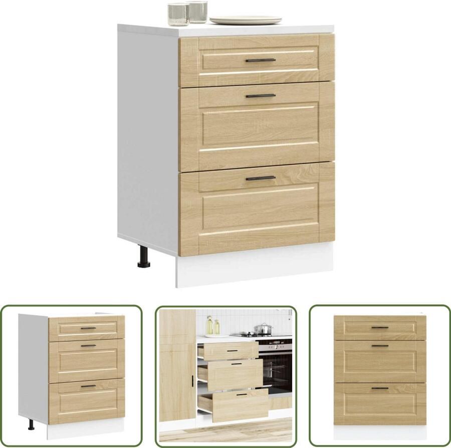 The Living Store Keuken onderkast Porto bewerkt hout sonoma eikenkleurig Keukenonderkast Houten Keukenkast Opslagruimte Keuken Sonoma Eiken Verstelbare Poten