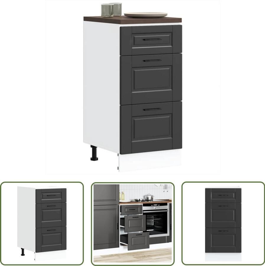 The Living Store Keuken onderkast Porto bewerkt hout zwart Keukenonderkast Houten Keuken Zwarte Keuken Opslagoplossing Keukenmeubel