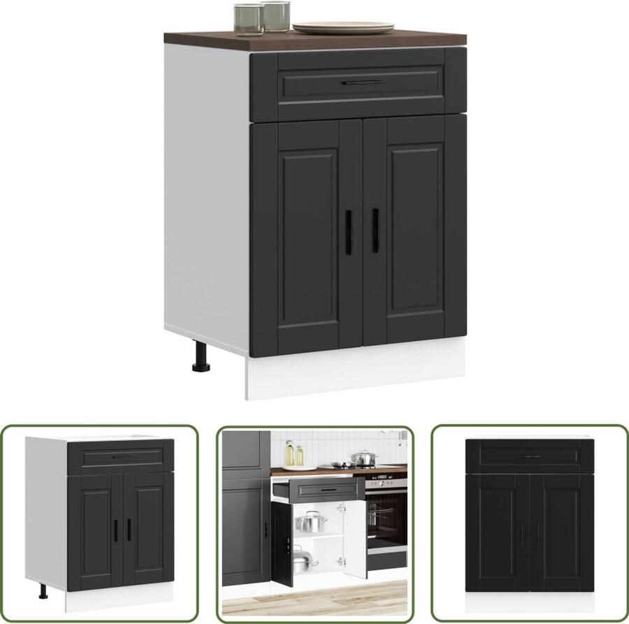 The Living Store Keuken onderkast Porto bewerkt hout zwart Keukenonderkast Houten Keukenmeubilair Opslagoplossing Keuken Keukenopslag Zwarte Keuken