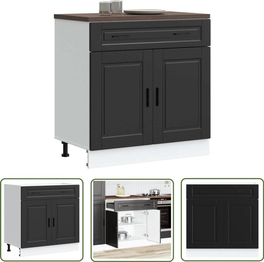 The Living Store Keuken onderkast Porto bewerkt hout zwart Keukenonderkast Houten Keukenkast Opslagoplossing Keuken Keukenmeubel Zwarte Keukenkast