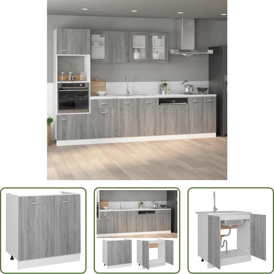 The Living Store Gootsteenkast Lyon 80x46x81 5cm bewerkt hout grijs sonoma eiken Gootsteenkast Keukenopbergruimte Onderkast Houten Kast Grijze Kast