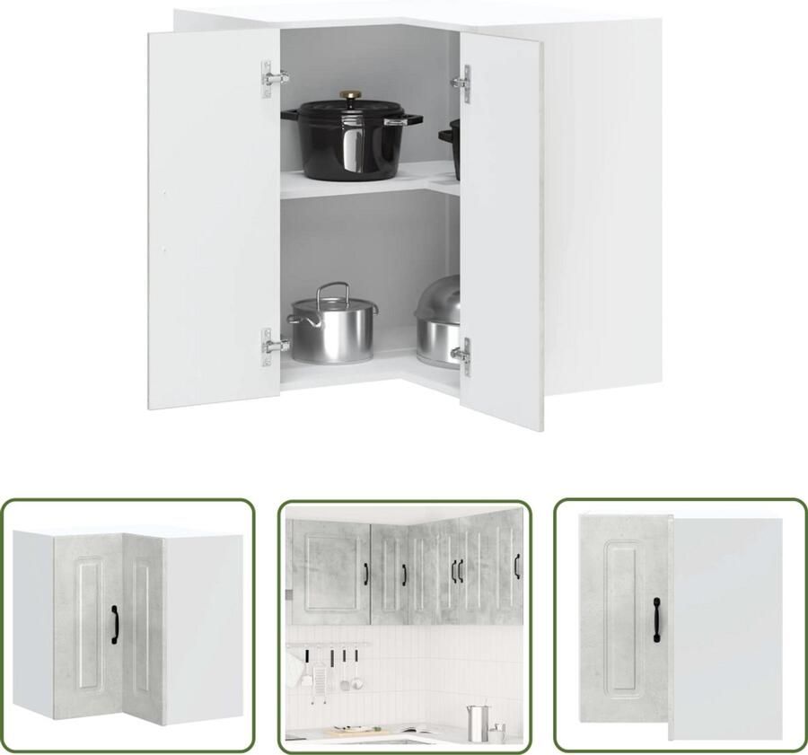 The Living Store Keukenwandhoekkast Kalmar bewerkt hout betongrijs Keuken Hoekkast Wandmontage Keuken Houten Keukenopstelling Opslagruimte Keuken Betongrijs Meubilair