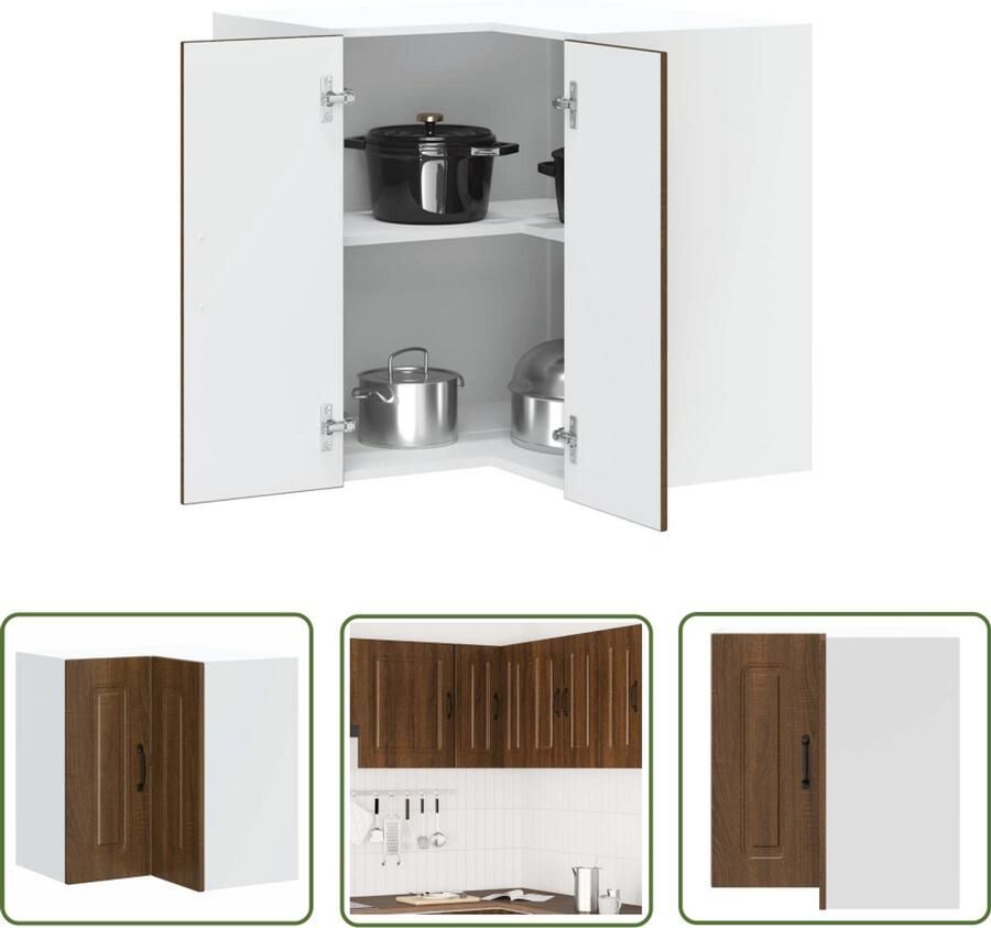 The Living Store Keukenwandhoekkast Kalmar bewerkt hout bruin eikenkleur Keuken Hoekkast Opbergkast Keuken Wandmontage Keuken Houten Keukenkast Keuken Accessoires