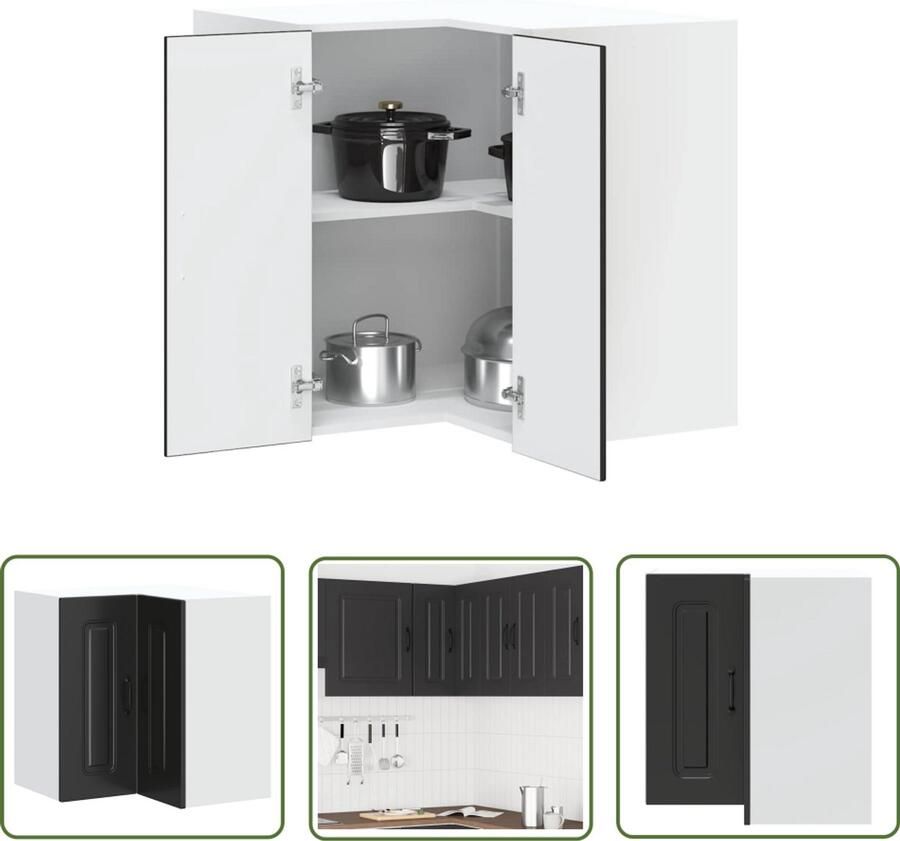 The Living Store Keukenwandhoekkast Kalmar bewerkt hout zwart Keuken Hoekkast Zwarte Keuken Kast Houten Keuken Kast Wandmontage Keuken Kast Opslagruimte Keuken