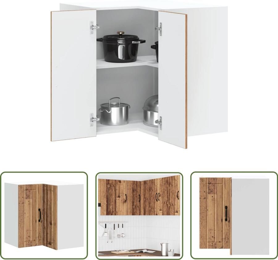 The Living Store Keukenwandhoekkast Lucca bewerkt hout oud houtkleurig Keuken Hoekkast Wandmontage Opslagruimte Houten Kast Keukeninrichting
