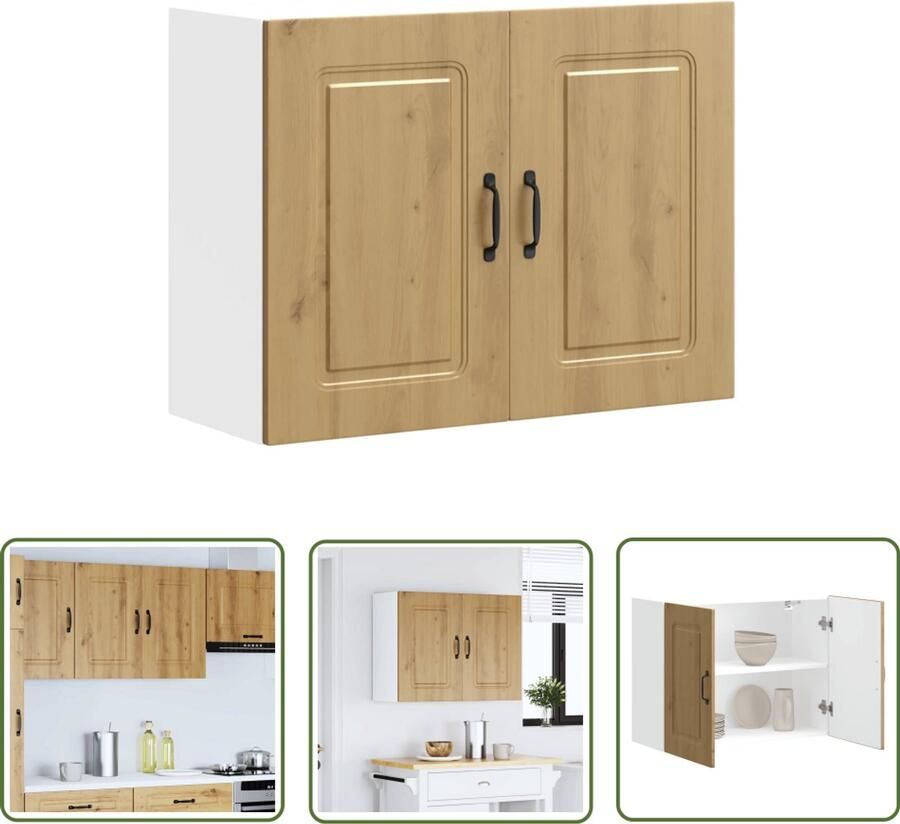 The Living Store Keukenwandkast Kalmar bewerkt hout artisanaal eikenkleur Keukenwandkast Houten Kast Opbergkast Keuken Kunststof Kastdeur Koelkasten Accessoires