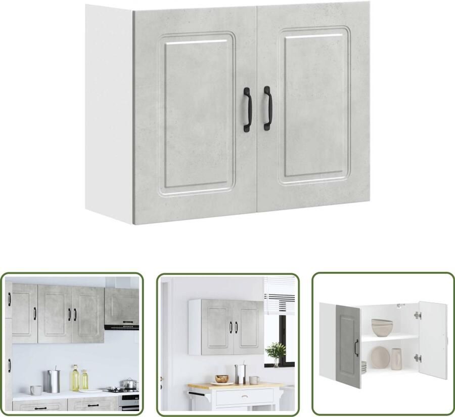 The Living Store Keukenwandkast Kalmar bewerkt hout betongrijs Keukenkast Wandkast Opslagruimte Houten Kast Betongrijs
