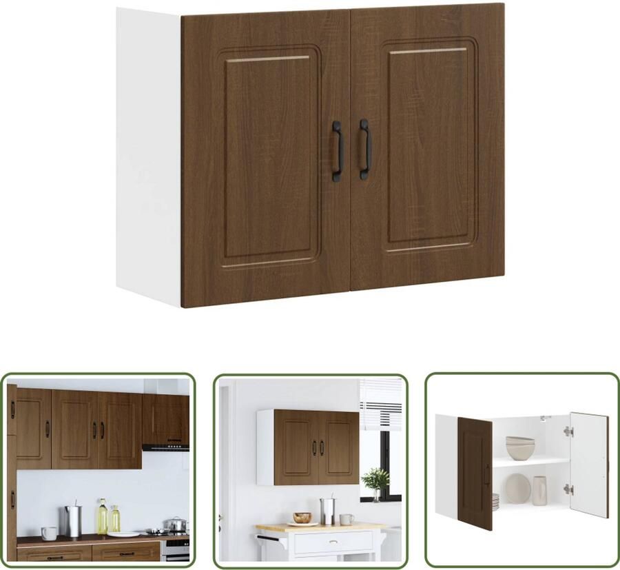 The Living Store Keukenwandkast Kalmar bewerkt hout bruin eikenkleur Keukenwandkast Houten Keukenkasten Opslagoplossing Keuken Organisatie Bruine Eiken Meubels