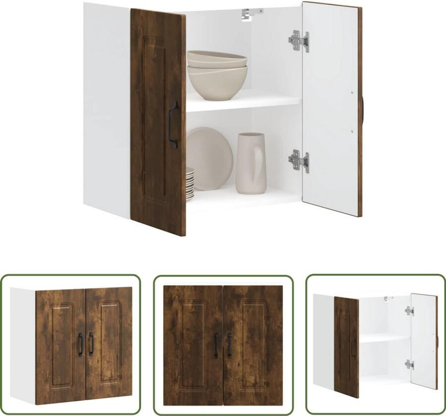The Living Store Keukenwandkast Kalmar bewerkt hout gerookt eikenkleurig Keukenwandkast Opslagoplossing Keukenkasten Houten Kast Gerookte Eiken Kleur