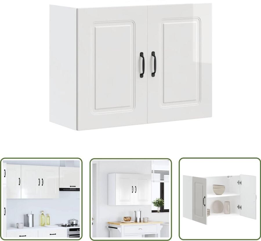 The Living Store Keukenwandkast Kalmar bewerkt hout hoogglans wit Keukenwandkast Opslagruimte Keukenmeubilair Houten Kast Hoogglans Wit - Foto 2