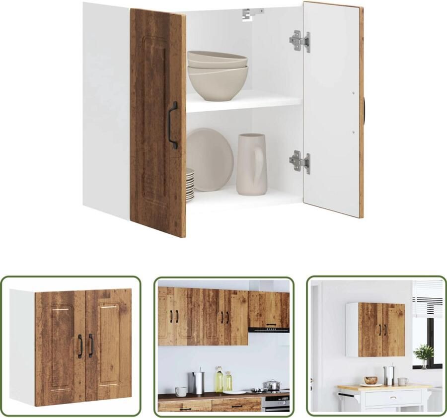 The Living Store Keukenwandkast Kalmar bewerkt hout oud houtkleurig Keukenkast Wandkast Opslagruimte Houten Kast Keukeninrichting