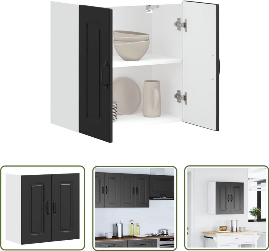 The Living Store Keukenwandkast Kalmar bewerkt hout zwart Keukenwandkast Opslagoplossing Keukeninrichting Houten Kast Zwarte Kast