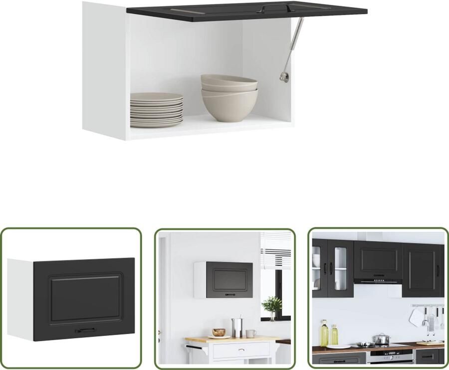 The Living Store Keukenwandkast Kalmar bewerkt hout zwart Keukenwandkast Opslagruimte Houten Kast Zwarte Keuken Wandmontage