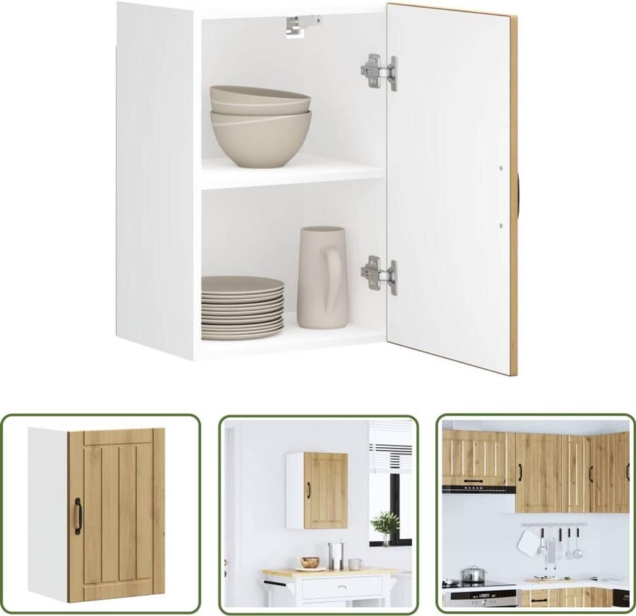 The Living Store Keukenwandkast Lucca bewerkt hout artisanaal eikenkleur Keukenkast Wandkast Opslagoplossing Keukeninrichting Houten Kast