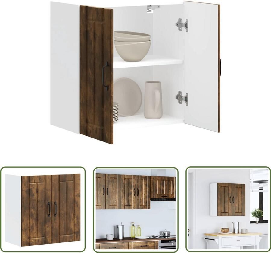 The Living Store Keukenwandkast Lucca bewerkt hout gerookt eikenkleurig Keukenkast Wandkast Opbergruimte Houten Kast Keukeninrichting