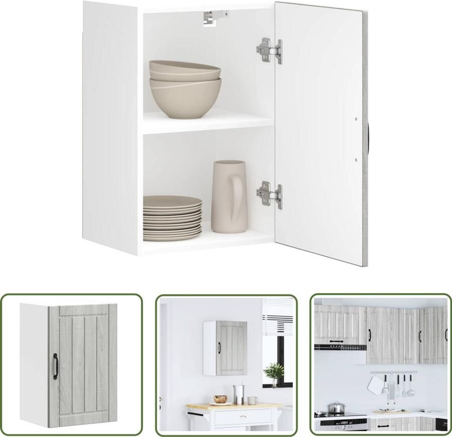 The Living Store Keukenwandkast Lucca bewerkt hout grijs sonoma eikenkleur Keukenwandkast Houten Keukenkast Opslagruimte Keuken Wandmontage Keuken Glasdeur Keuken