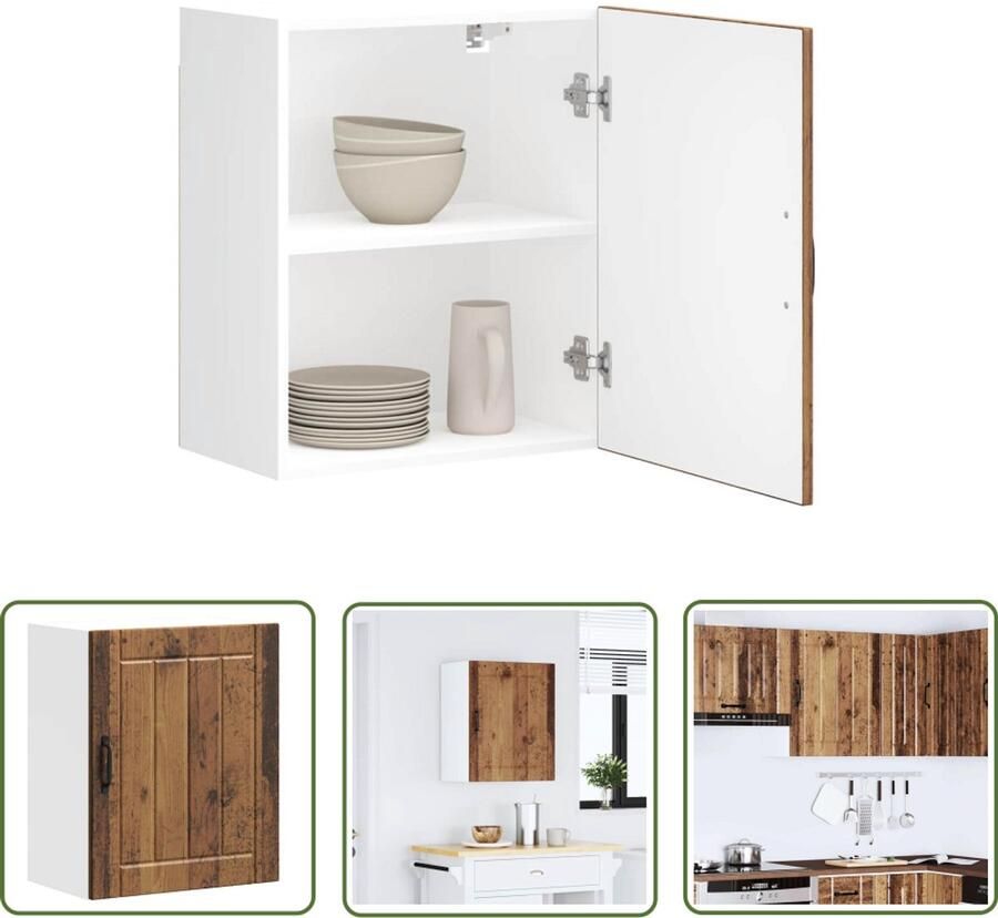 The Living Store Keukenwandkast Lucca bewerkt hout oud houtkleurig Keukenkast Wandkast Opslagoplossing Houten Kast Keukenmeubilair