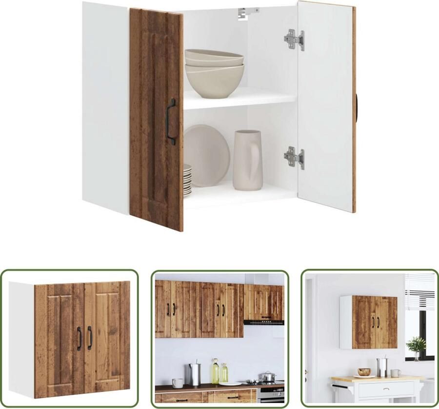 The Living Store Keukenwandkast Lucca bewerkt hout oud houtkleurig Keukenkast Wandkast Opslagoplossing Houten Kast Vintage Kast