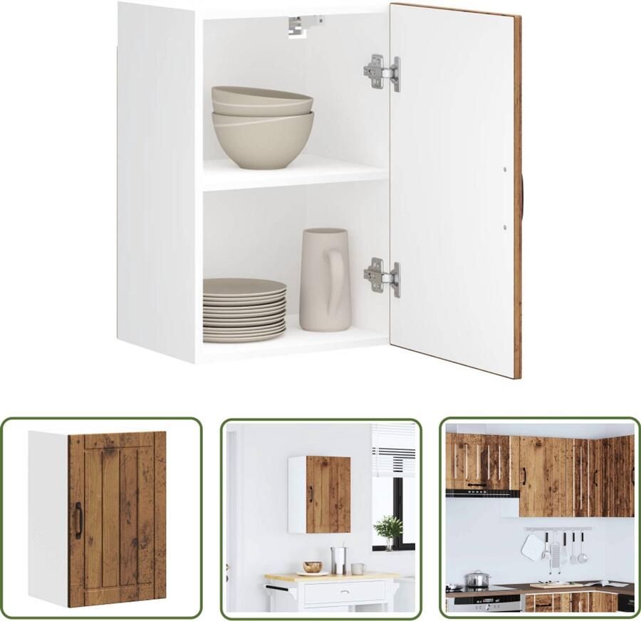 The Living Store Keukenwandkast Lucca bewerkt hout oud houtkleurig Keukenwandkast Houten Kast Opslagoplossing Keukeninrichting Badkamerkast