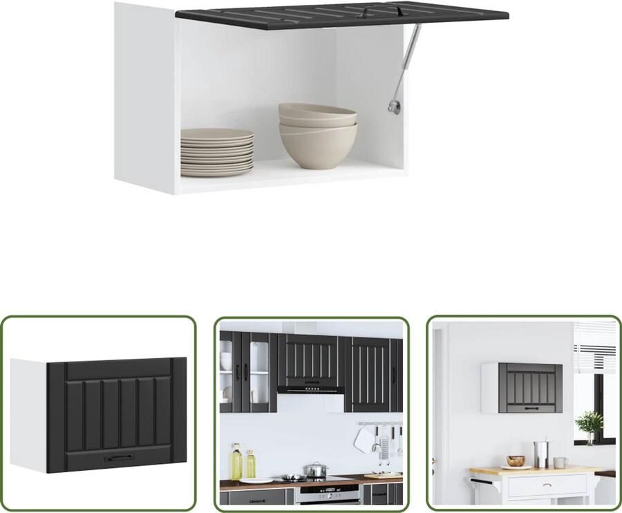 The Living Store Keukenwandkast Lucca bewerkt hout zwart Keuken Kast Wandkast Opslagoplossing Keukeninrichting Zwarte Keuken