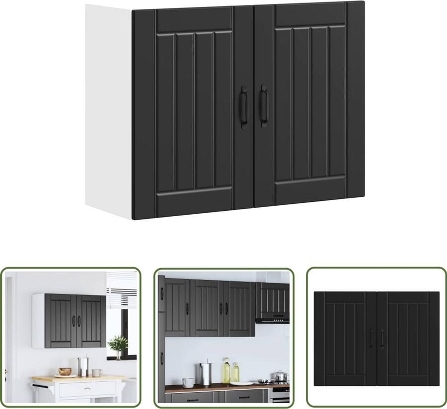 The Living Store Keukenwandkast Lucca bewerkt hout zwart Keukenwandkast Keukenopslag Houten Kast Zwarte Kast Wandmontage
