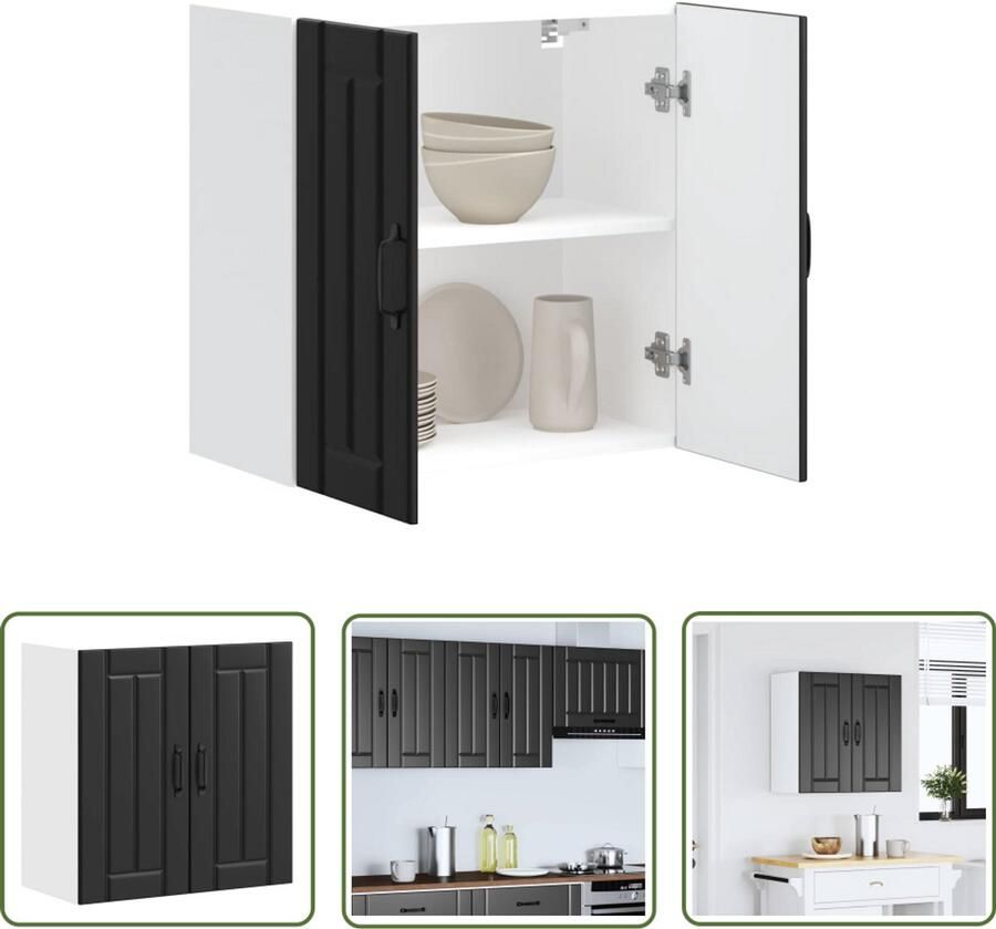 The Living Store Keukenwandkast Lucca bewerkt hout zwart Keukenwandkast Keukenopslag Houten Kast Zwarte Kast Wandmontage