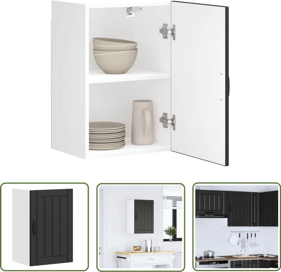 The Living Store Keukenwandkast Lucca bewerkt hout zwart Keukenwandkast Opbergkast Keukeninrichting Houten Kast Zwarte Kast