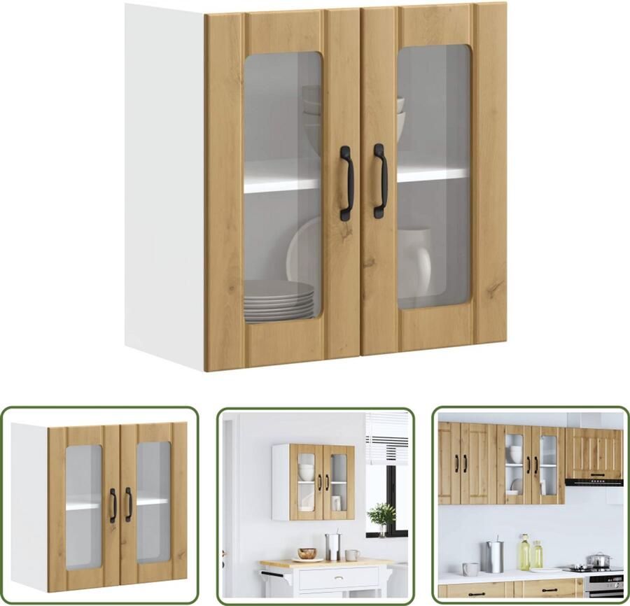 VidaXL Keukenwandkast met glazen deur Lucca bewerkt hout artisanaal eiken Keukenwandkast Wandkast Opslagoplossing Keukenaccessoires Houten Kast