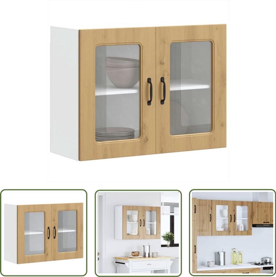 VidaXL Keukenwandkast met glazen deur Kalmar bewerkt hout artisanaal eiken Keukenwandkast Keukenopbergruimte Houten Kast Eiken Kleur Wandkast