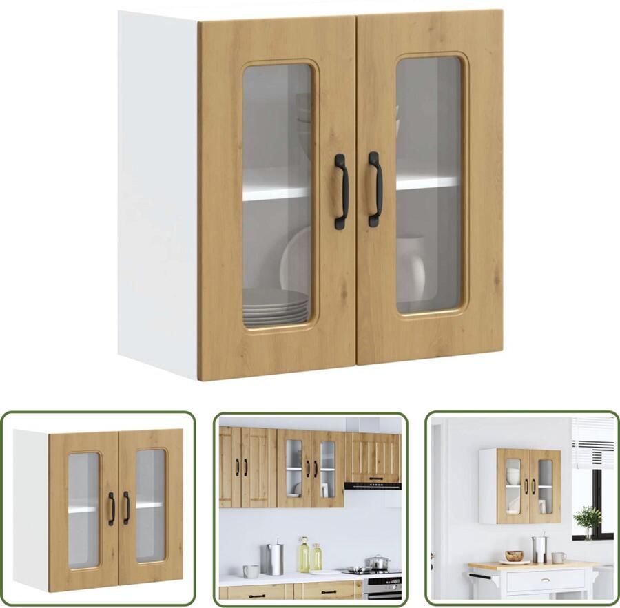 The Living Store Keukenwandkast met glazen deur bewerkt hout artisanaal eiken Keukenkast Wandkast Opbergruimte Houten Kast Glazen Deur