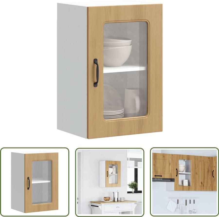 VidaXL Keukenwandkast met glazen deur Kalmar bewerkt hout artisanaal eiken Keukenkasten Houten Keukenkasten Vitrinekasten Opslagoplossing Keuken Organisatie