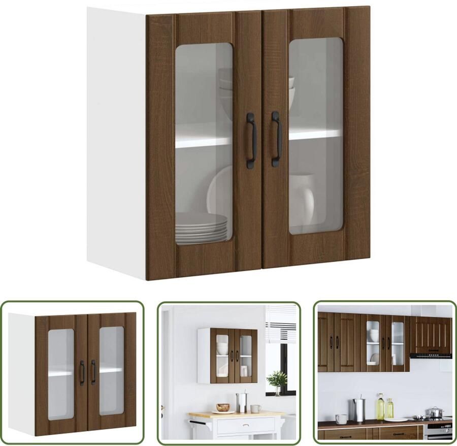The Living Store Keukenwandkast met glazen deur bewerkt hout bruin eikenkleur Keukenwandkast Houten Keukenkast Bruine Eiken Kast Opslagoplossing Keuken Organisatie