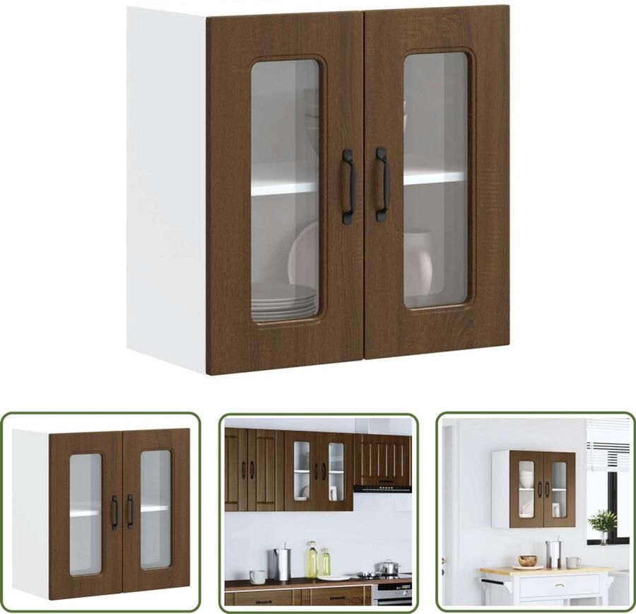 The Living Store Keukenwandkast met glazen deur bewerkt hout bruin eikenkleur Keukenkast Wandkast Opslagruimte Houten Kast Bruine Eiken
