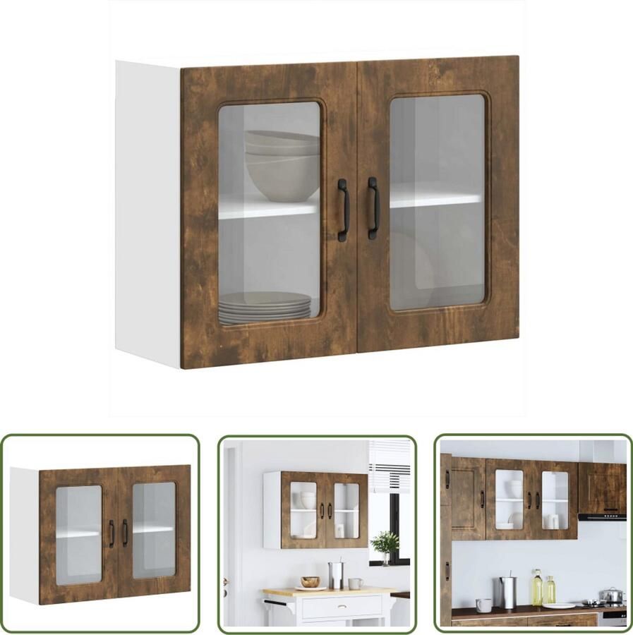 The Living Store Keukenwandkast met glazen deur bewerkt hout gerookt eikenkleur Keukenwandkast Opslagoplossing Keukeninrichting Houten Kast Gerookte Eiken Kleur