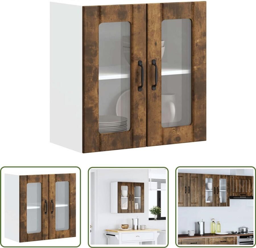 The Living Store Keukenwandkast met glazen deur bewerkt hout gerookt eikenkleur Keukenwandkast Opbergkast Keuken Keukeninrichting Houten Kast Glazen Deur