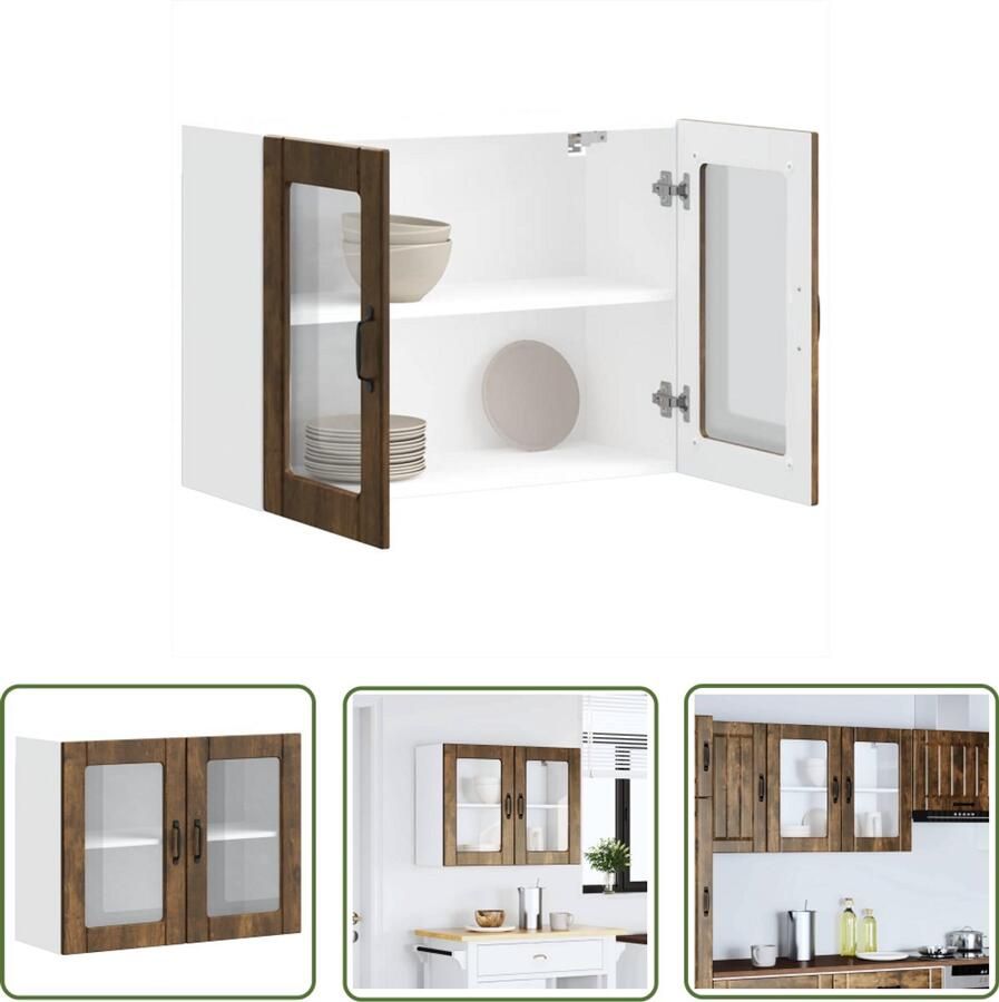 VidaXL Wandkast Keuken Kast Keukenwandkast met glazen deur Lucca bewerkt hout gerookt eikenkleur Opslagoplossing Keuken Organisatie Houten Kast