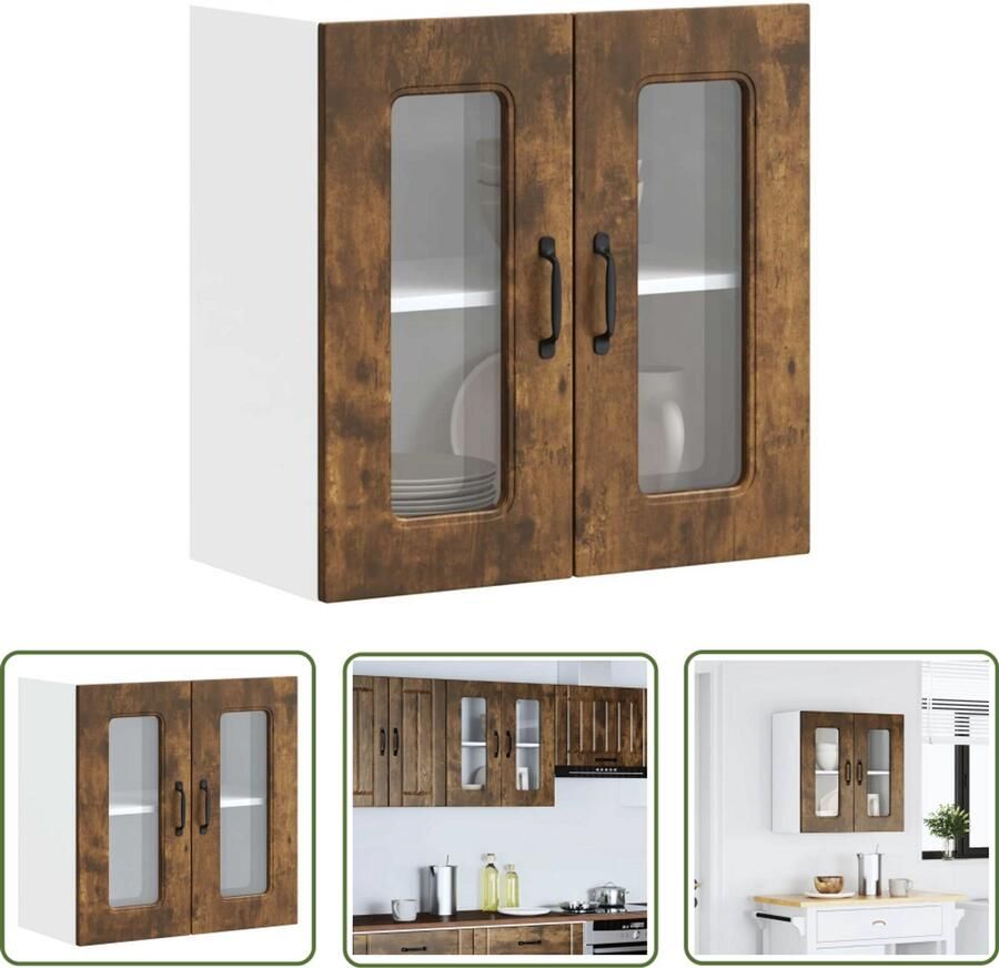 The Living Store Keukenwandkast met glazen deur bewerkt hout gerookt eikenkleur Keuken Kast Wandkast Opslagoplossing Keukeninrichting Houten Kast