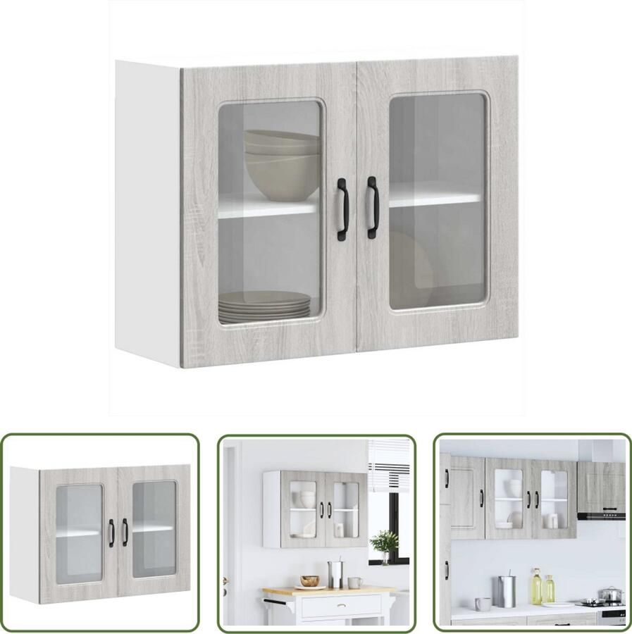 The Living Store Keukenwandkast met glazen deur bewerkt hout grijs sonoma eiken Keukenkast Wandkast Opslagruimte Keukeneinrichting Houten Kast