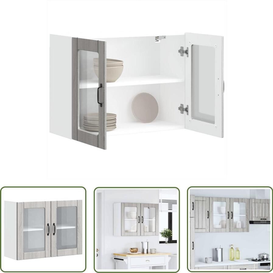 VidaXL Keukenwandkast met glazen deur Lucca bewerkt hout grijs sonoma eiken Keukenwandkast Grijze Keuken Landelijke Keuken Opslagoplossing Houten Keuken