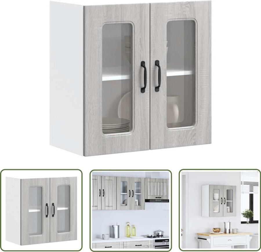 The Living Store Keukenwandkast met glazen deur bewerkt hout grijs sonoma eiken Keuken Kast Wandkast Opslagoplossing Grijze Keuken Houten Kast