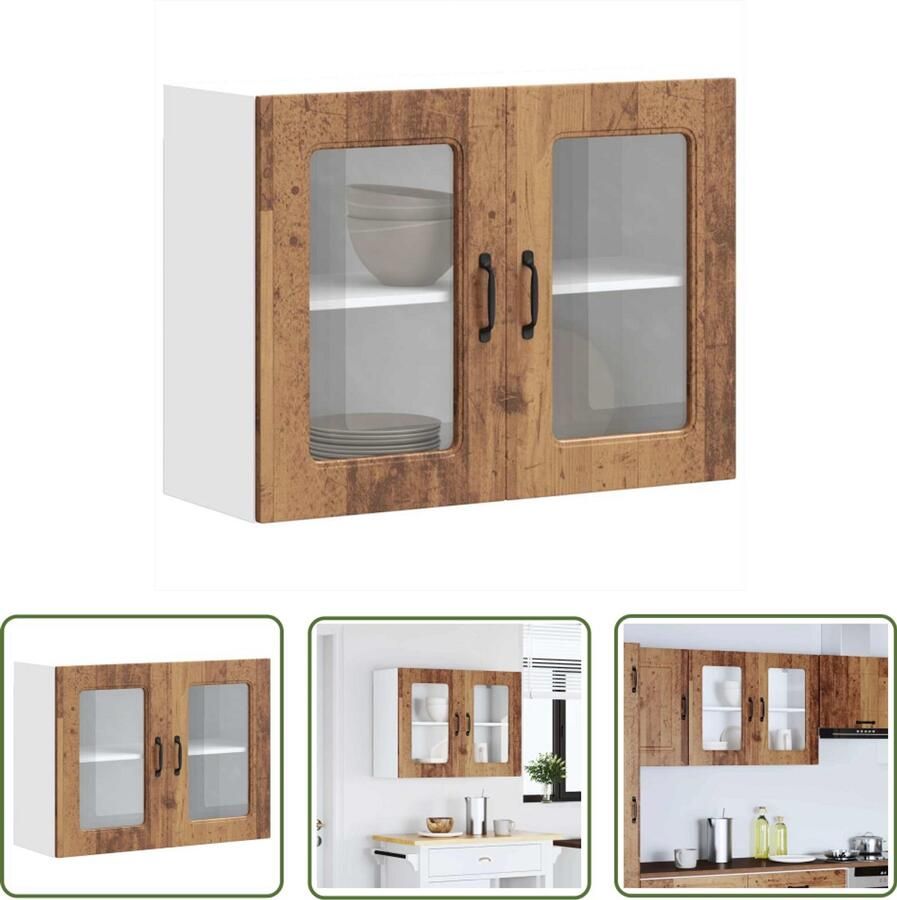The Living Store Keukenwandkast met glazen deur bewerkt hout oud houtkleurig Keukenkast Wandkast Opslagoplossing Keukenuitrusting Houten Kast