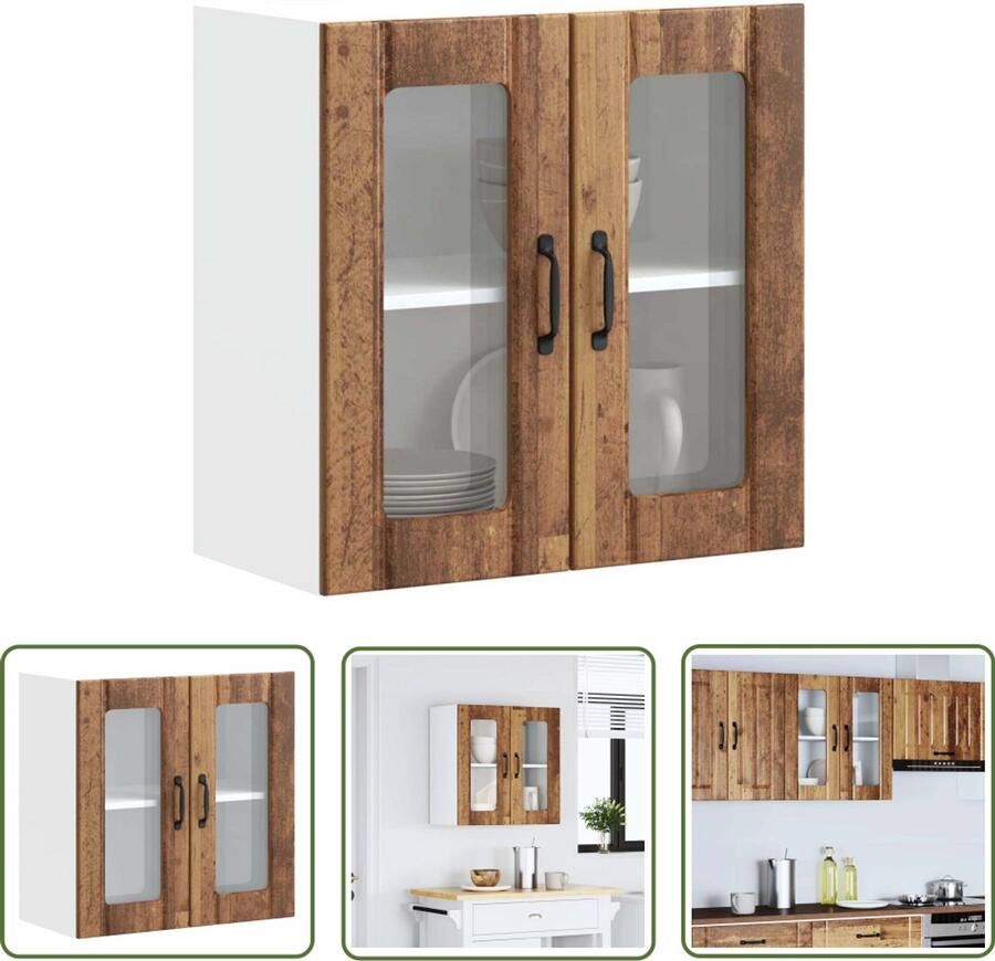 The Living Store Keukenwandkast met glazen deur bewerkt hout oud houtkleurig Keuken Kast Wandkast Opslagoplossing Keukeninrichting Houten Kast
