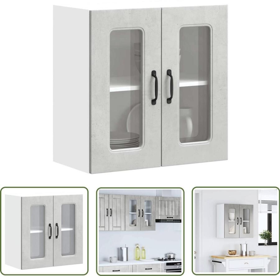 The Living Store Keukenwandkast met glazen deur Kalmar bewerkt hout betongrijs Keuken Kast Wandkast Opslagoplossing Keukeninrichting Houten Kast