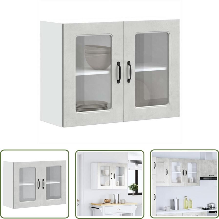 The Living Store Keukenwandkast met glazen deur Kalmar bewerkt hout betongrijs Keukenkast Wandkast Opslagoplossing Keukenuitrusting Houten Kast