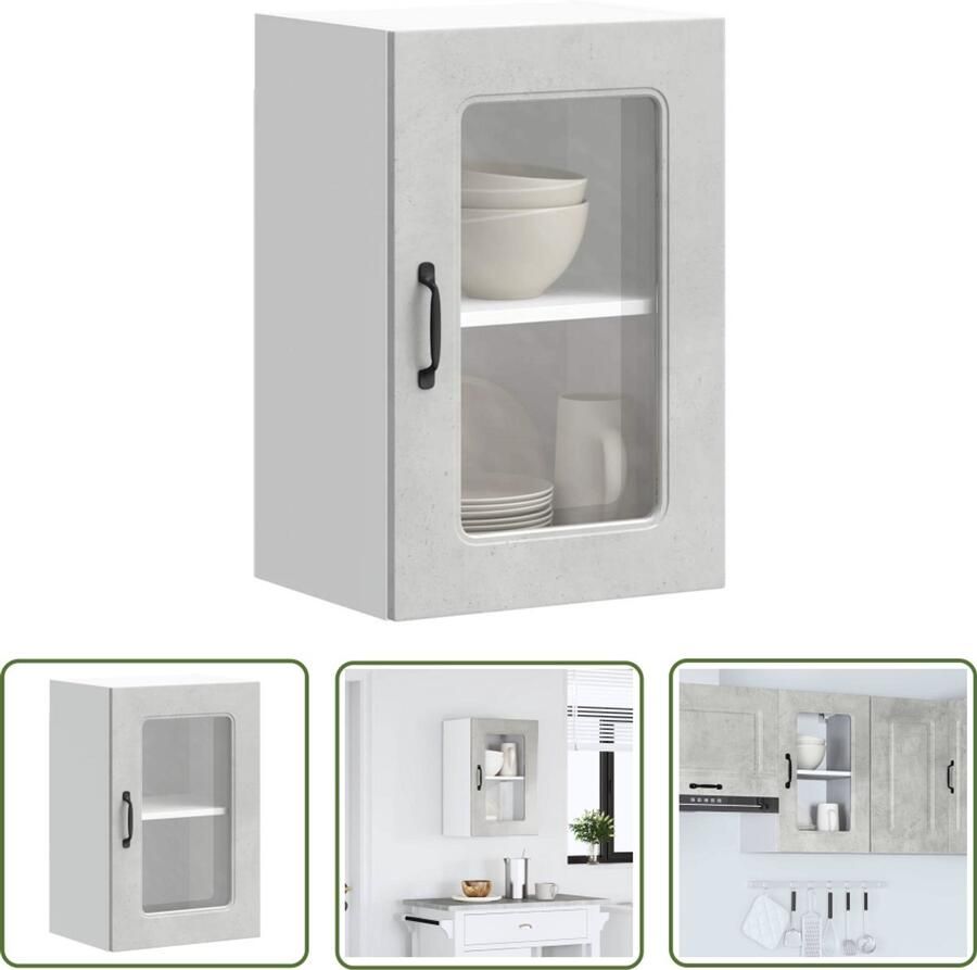The Living Store Keukenwandkast met glazen deur Kalmar bewerkt hout betongrijs Keukenwandkast Keukenopbergruimte Houten Kast Betongrijs Glazen Deur