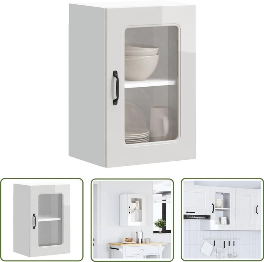 The Living Store Keukenwandkast met glazen deur Kalmar bewerkt hout hoogglanswit Keukenkast Wandkast Opslagruimte Keukengerei Houten Kast - Foto 2
