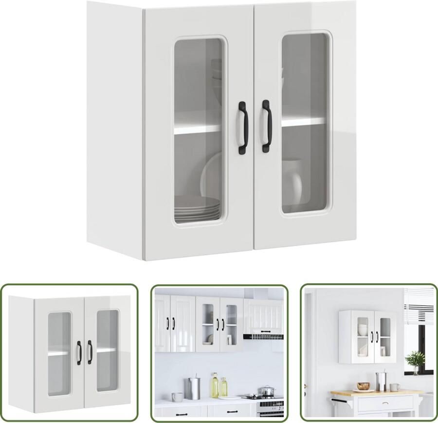 The Living Store Keukenwandkast met glazen deur Kalmar bewerkt hout hoogglanswit Keukenkast Wandkast Opslagoplossing Keukeninrichting Houten Kast