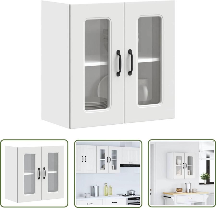 The Living Store Keukenwandkast met glazen deur Kalmar bewerkt hout wit Keukenwandkast Opbergkast Keuken Keukenmeubel Houten Kast Glazen Deur