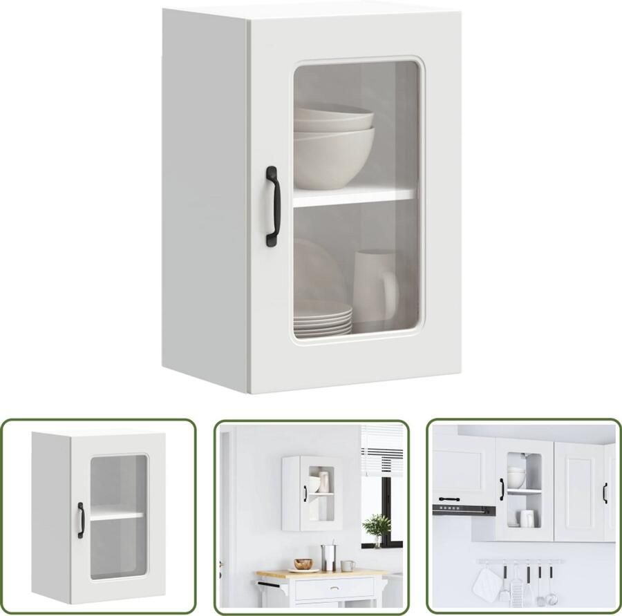 The Living Store Keukenwandkast met glazen deur Kalmar bewerkt hout wit Keukenwandkast Keukenopslag Houten Keukenkasten Wit Keukenmeubel Kalmar Serie - Foto 2